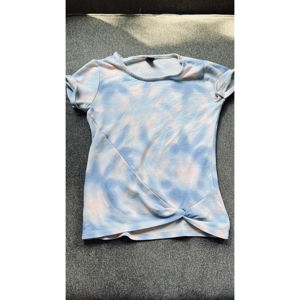 Star Ride Top Kids 6X Blue Pink Tie Dye Front Twist Short Sleeve French Terry